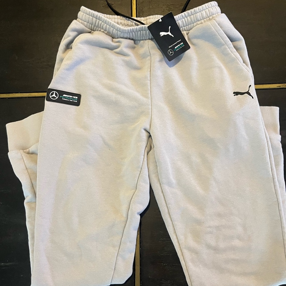 Puma Kids Light Gray Fleece Joggers with Black Logos